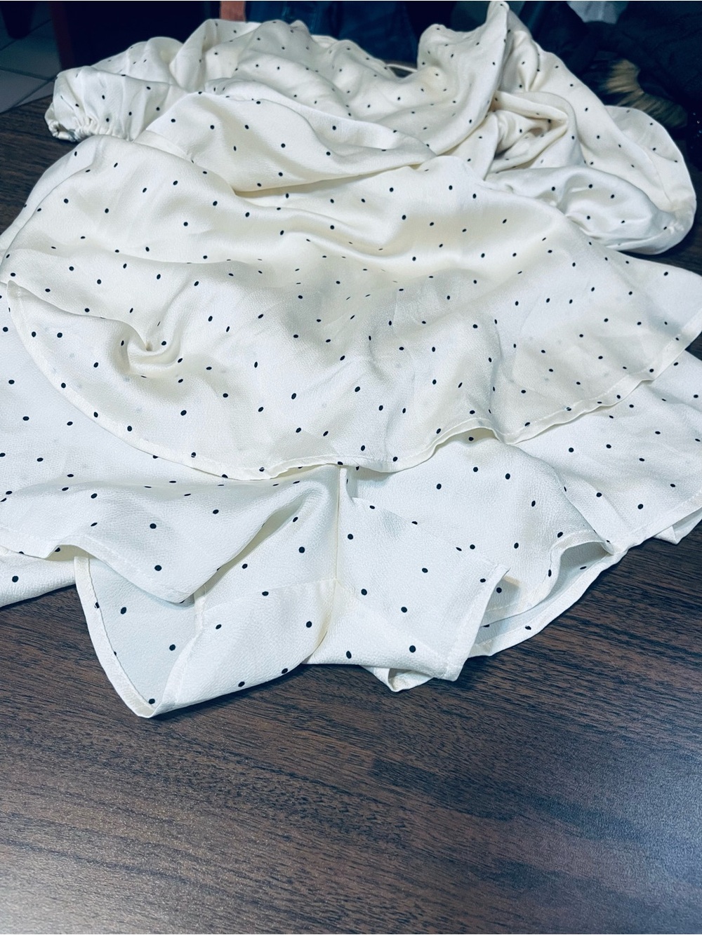 HYFVE shorts, dress Ivory Polka Dot Draped Puff-Sleeve Mini Dress - Picture 5 of 6